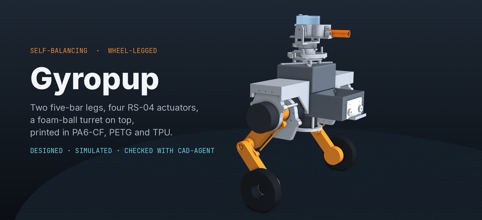 Gyropup, a self-balancing wheel-legged robot designed with cad-agent
